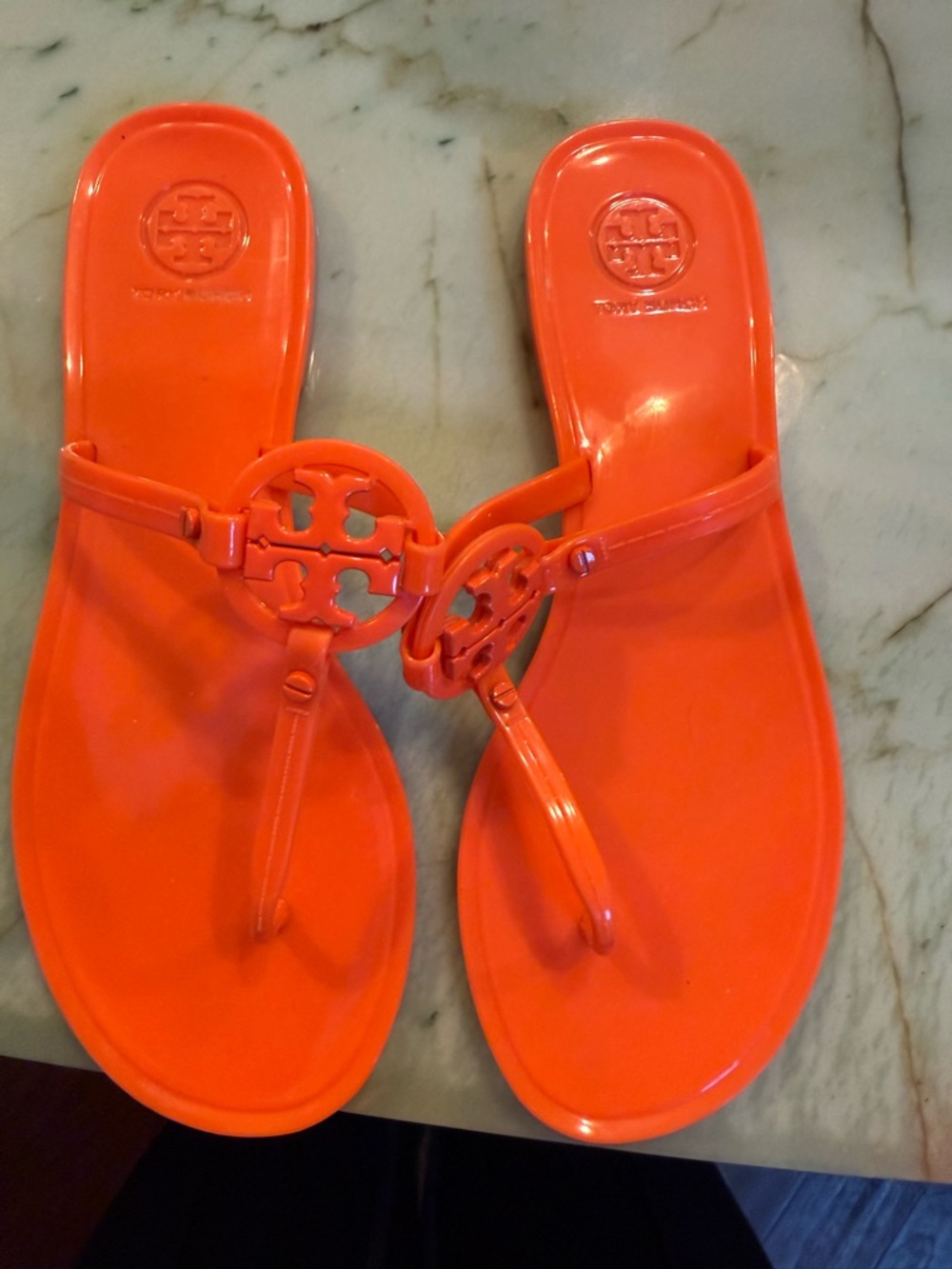 Tory Burch Orange Patent Logo Thong Sandals